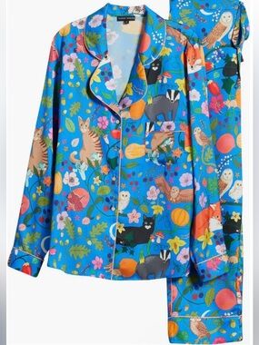 Karen Mabon Nocturnal Pajama Set Medium Blue Long Sleeves & Pant 2 piece set